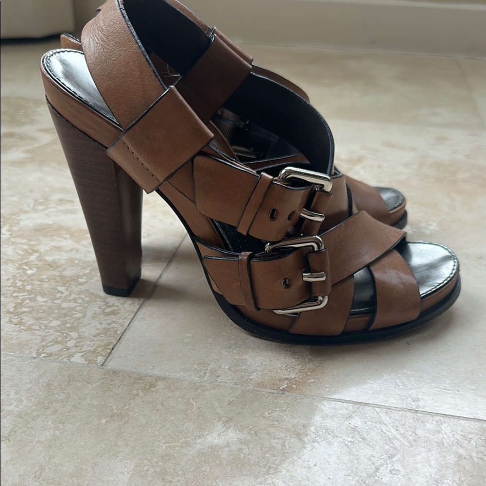 Theory Brown Leather Buckled and Strappy Sandals
